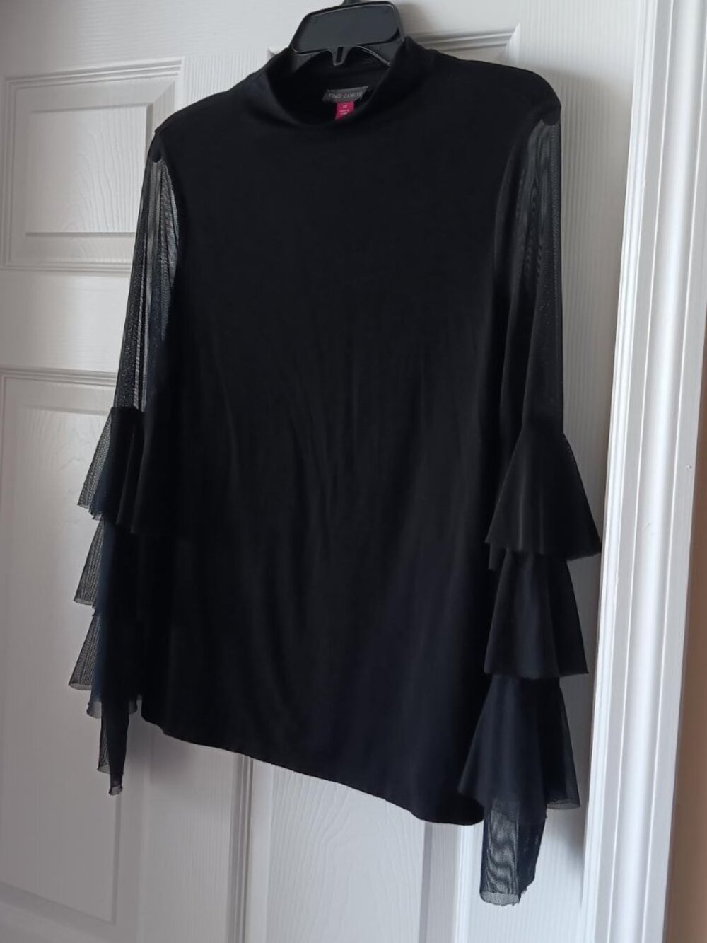 VINCE CAMUTO Womens Top Black with Sheer Long Sleeves Mock Neck Size Medium - Picture 4 of 7